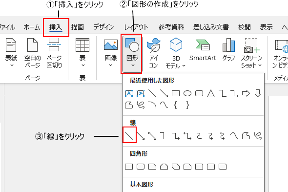 ①タブ「挿入」をクリック
②「図形の作成」をクリック
③線の中から「線」をクリック