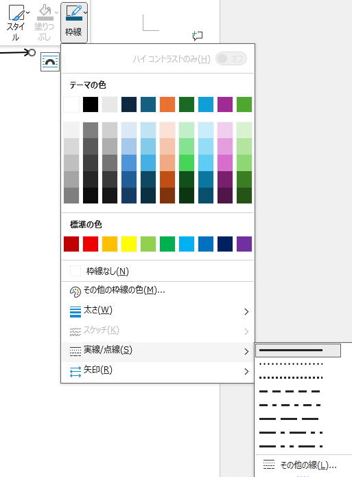 「図形の書式」タブ「図形の枠線」から線の破線が変えられます