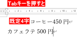 Tabキーを押すと既定４字