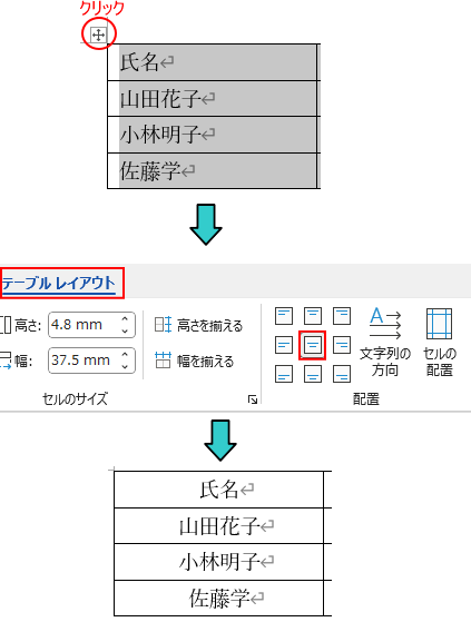 表の中央揃え