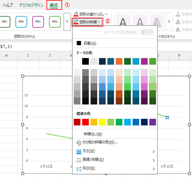 「書式」タブから「図形の枠線」