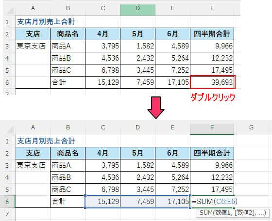 セルをダブルクリックすると参照セルが確認できる