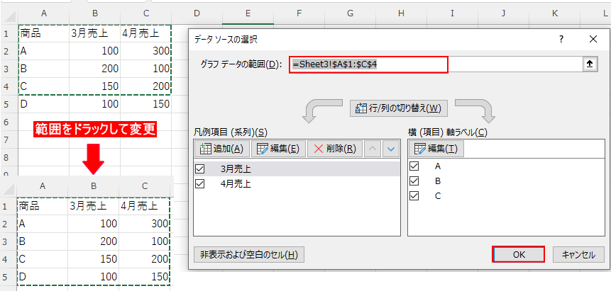 データの範囲を変更