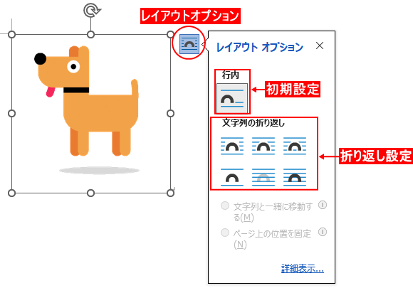 レイアウトオプションから文字の折り返し